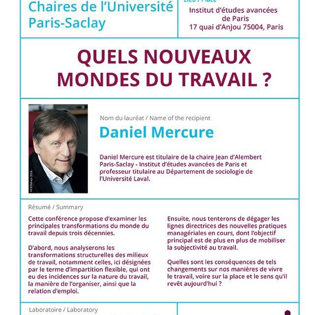 « Quels nouveaux mondes du travail ? » – Leçon inaugurale – Chaires de l’Université Paris-Saclay – 8/06/2018